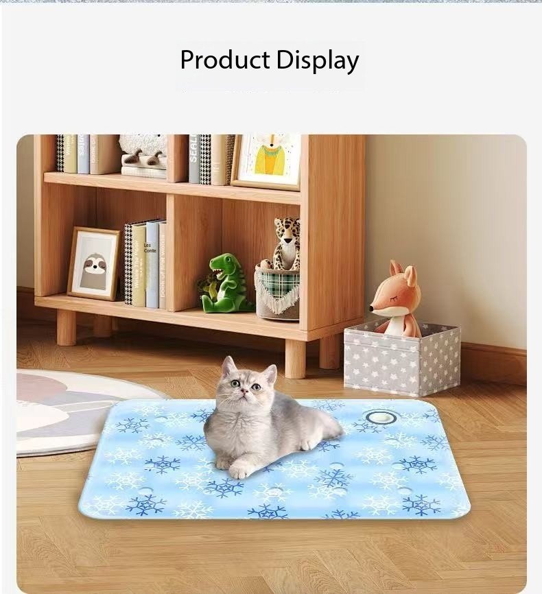 Blue snowflake gel cooling mat with cat using in living room